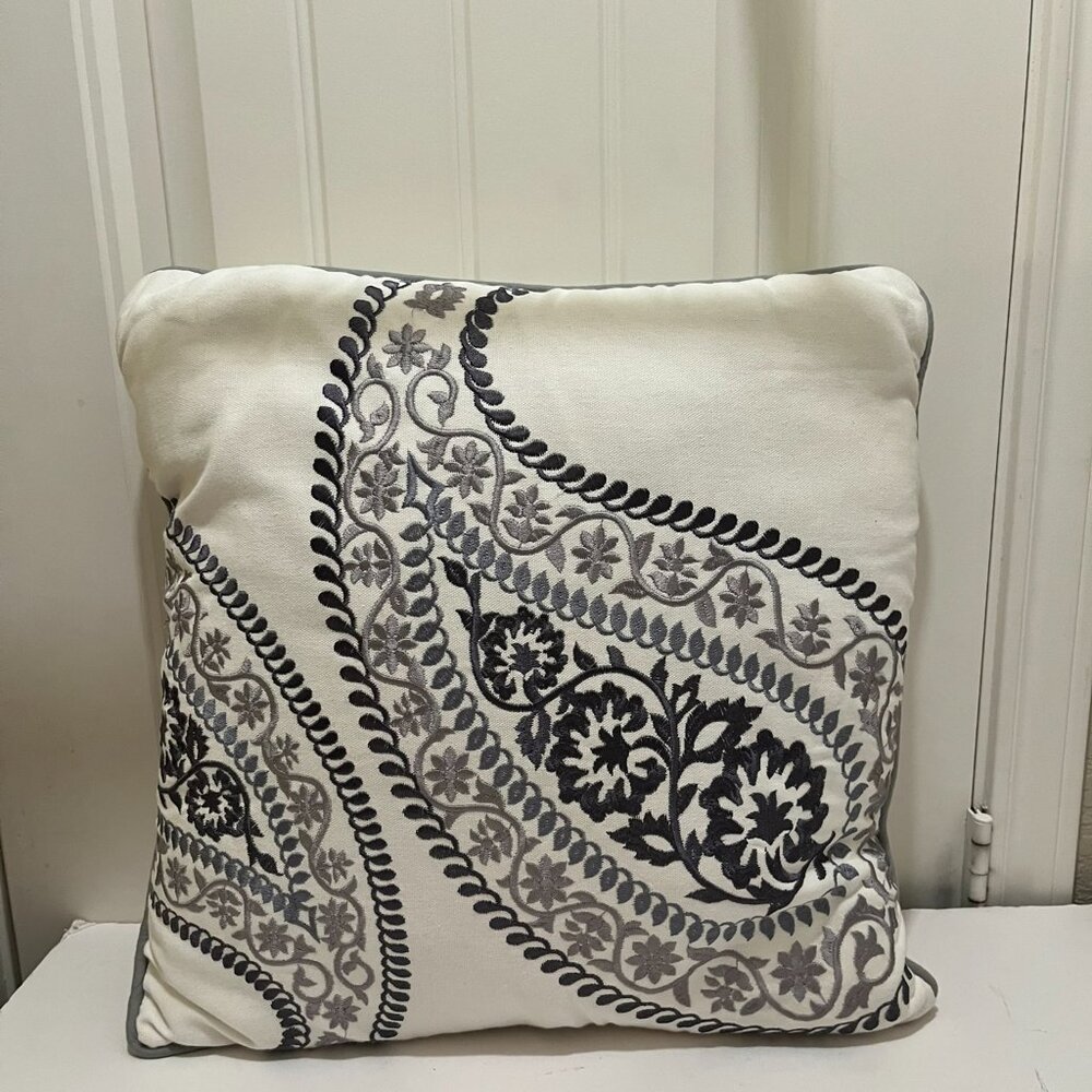 Harbor House Stella White Navy Paisley Embroidered Square Bed Throw Pillow 17X17